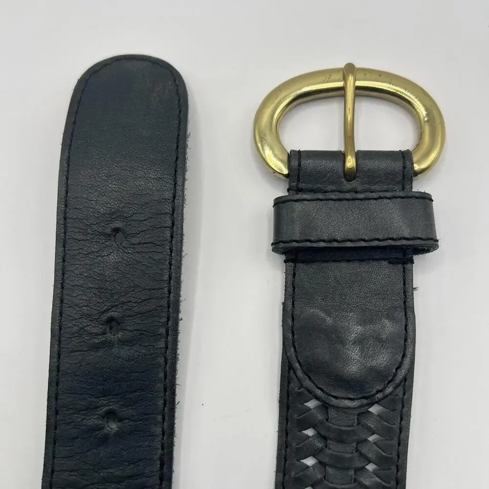 Vintage Brass and Black Leather Woven Belt